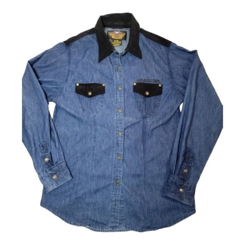 Womens Harley-Davidson Blue Denim Snap Shirt Black Faux Suede Accents Size M